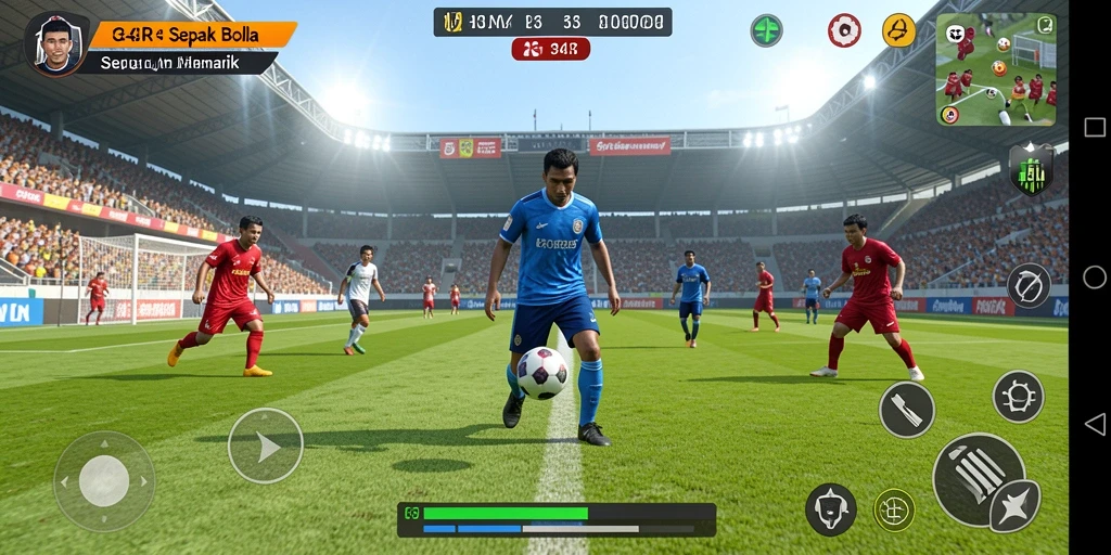Screenshot menampilkan gameplay seru dari pertandingan sepak bola.