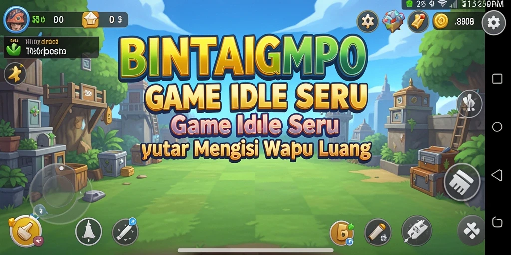 Screenshot gameplay BINTANGMPO menampilkan karakter yang sedang mengumpulkan sumber daya secara otomatis.