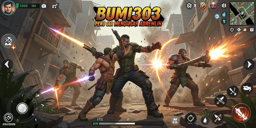 Tampilan gameplay BUMI303 dengan pertarungan yang seru dan karakter beragam.