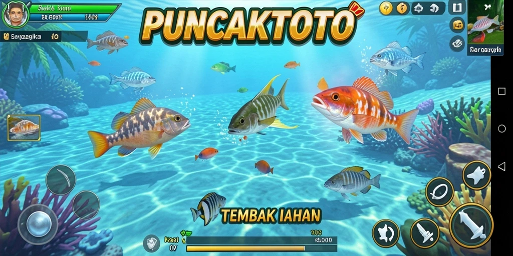 Screenshot utama PUNCAKTOTO dengan gameplay Tembak Ikan yang mengasyikan.