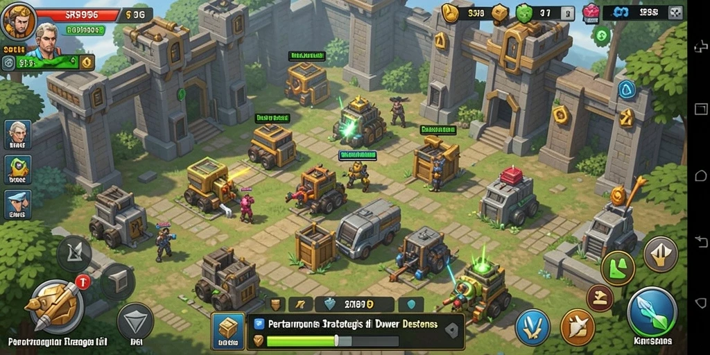 Tampilan gameplay SR996 dengan menara bertahan melawan musuh yang mendekat.